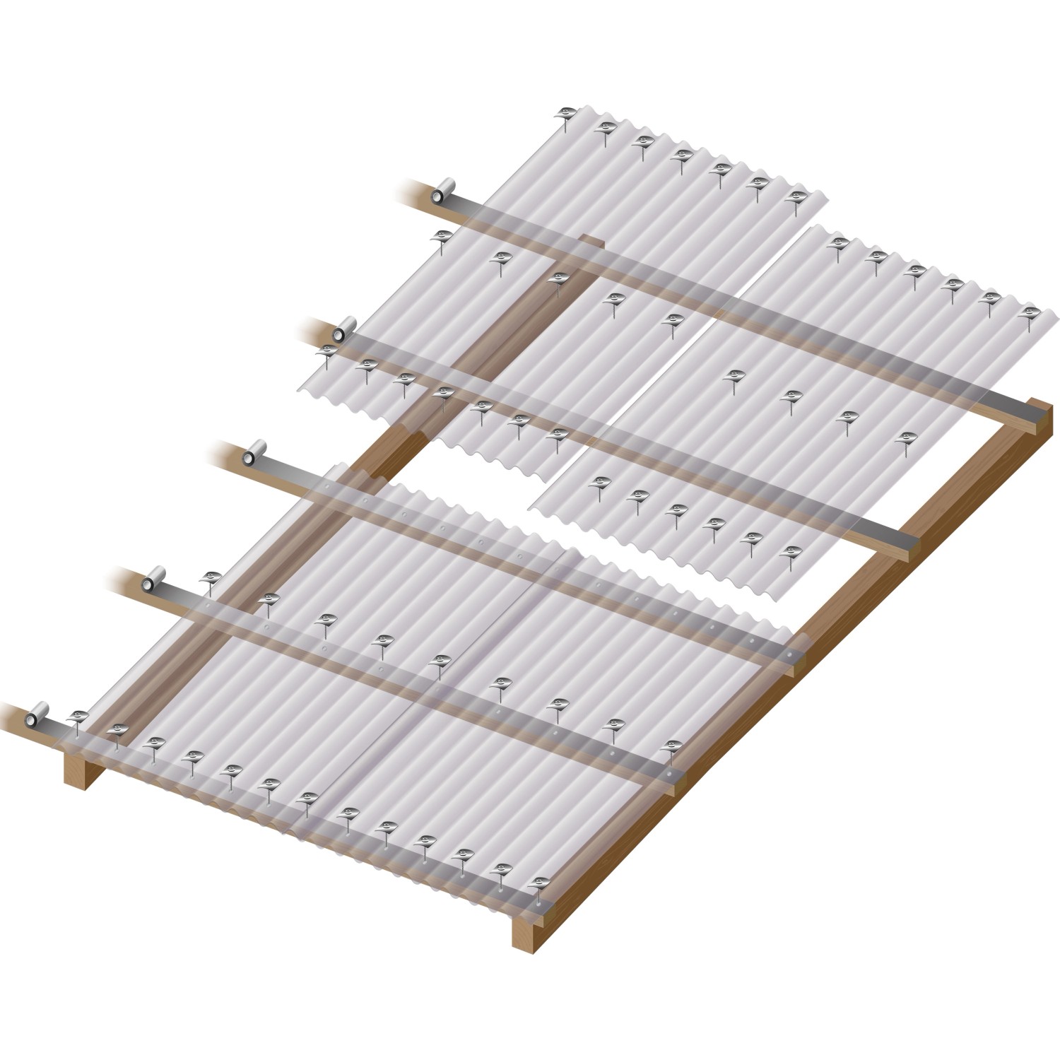 Montierte Acryl-Profilplatte Sinus 76/18 Wabe Graphit auf Holzkonstruktion mit Schrauben.