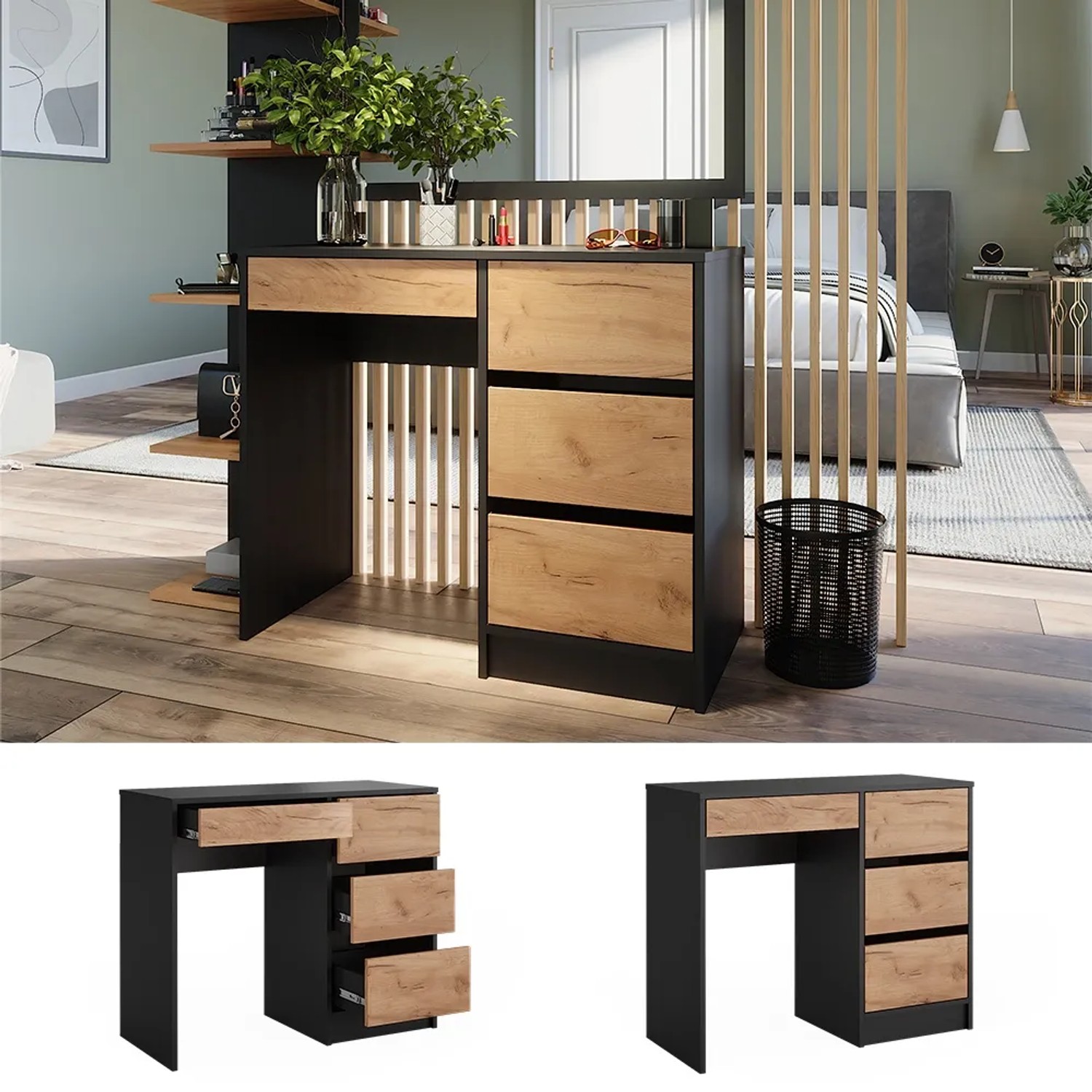 Vicco Schminktisch Sherry in Anthrazit/Goldkraft Eiche, 90 cm breit, ohne Spiegel.