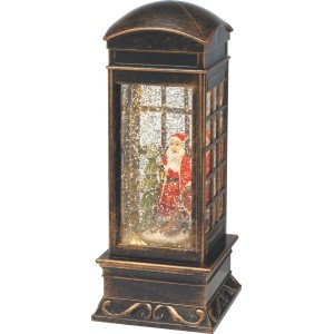 Beleuchtete Schneekugel in Telefonzellen-Form mit Weihnachtsmann, bronze, 26,5cm hoch. Weihnachtsdekoration.