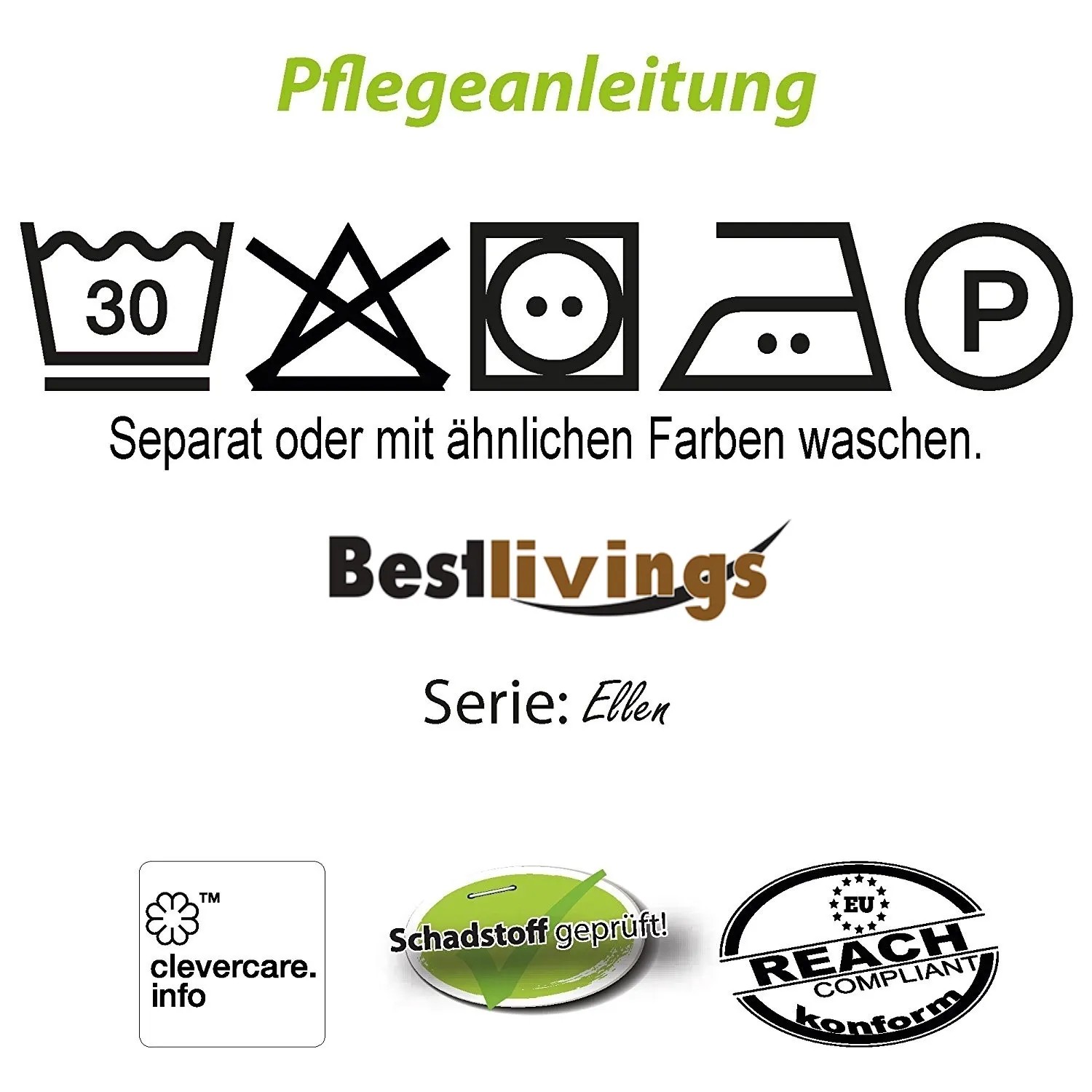 Pflegehinweise für Bestlivings Kissenhülle Ellen: Waschen, Trocknen, Bügeln und chemische Reinigung Symbole.