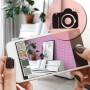 Hände halten Smartphone mit AR-Ansicht der ESTAhome Vliestapete Karomuster Lila an einer Wand. Dekorative Tapeten.