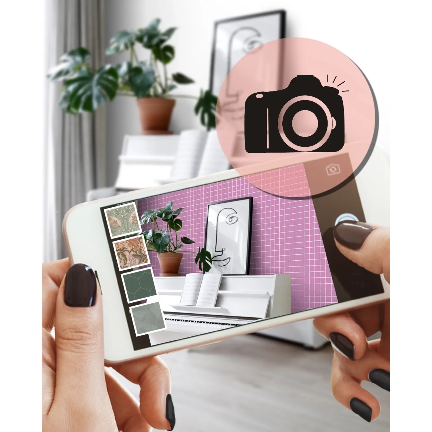 Hände halten Smartphone mit AR-Ansicht der ESTAhome Vliestapete Karomuster Lila an einer Wand. Dekorative Tapeten.