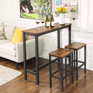 Vasagle Bartisch-Set in Braun-Schwarz (120x40x100 cm) mit zwei Barhockern im Wohnzimmer.