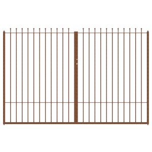 Unbeschichtetes Eleo Tor Ancona, 400x100 cm, Schmiedeeisen mit Kugelstab-Spitzen.