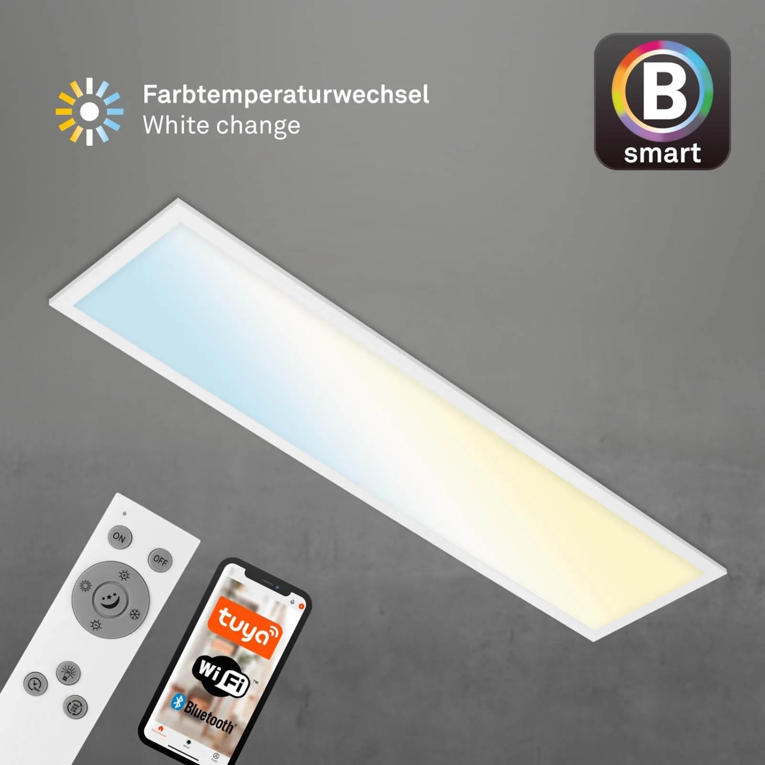 Dimmbare, weiße Brilo LED-Deckenleuchte Piatto S B-Smart Panel mit Fernbedienung und Smartphone.