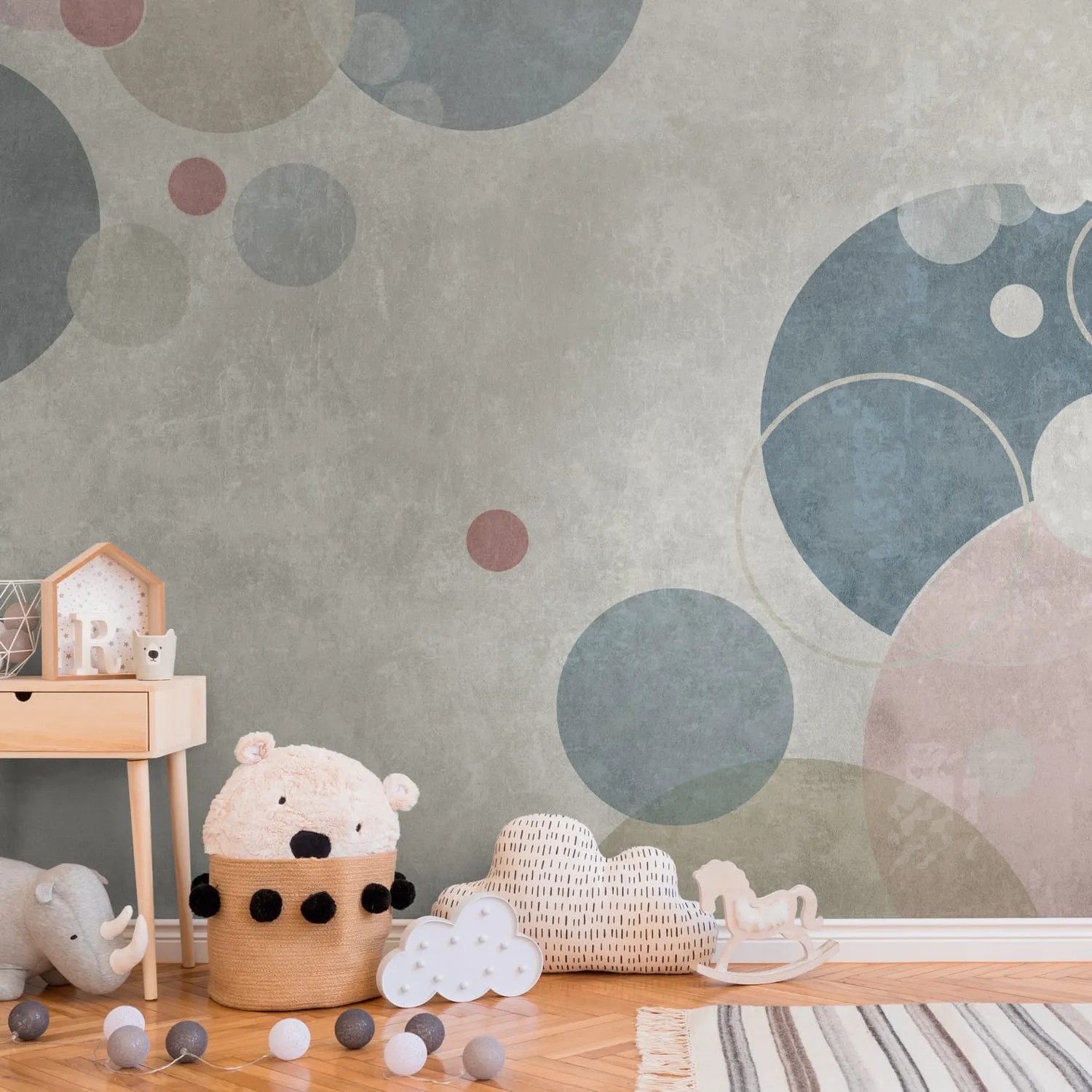 PROFHOME Fototapete Kindertapete mit Kreisen in Grau, Beige, Blau und Rosa im Kinderzimmer.