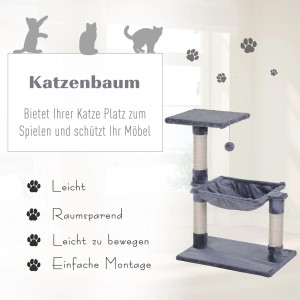 Grauer PawHut Kratzbaum mit Sisal, Hängematte und Plattform für Katzen.