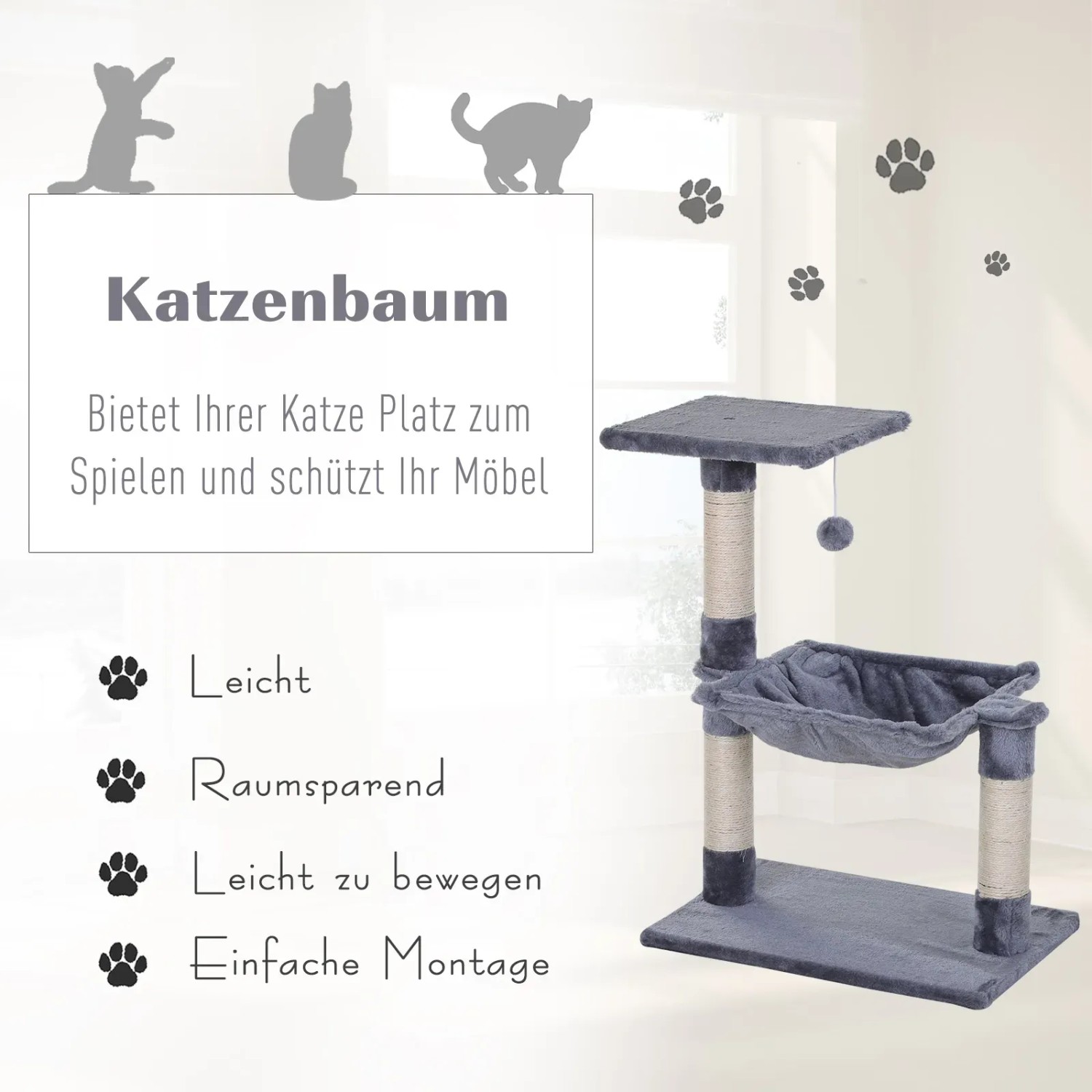 Grauer PawHut Kratzbaum mit Sisal, Hängematte und Plattform für Katzen.