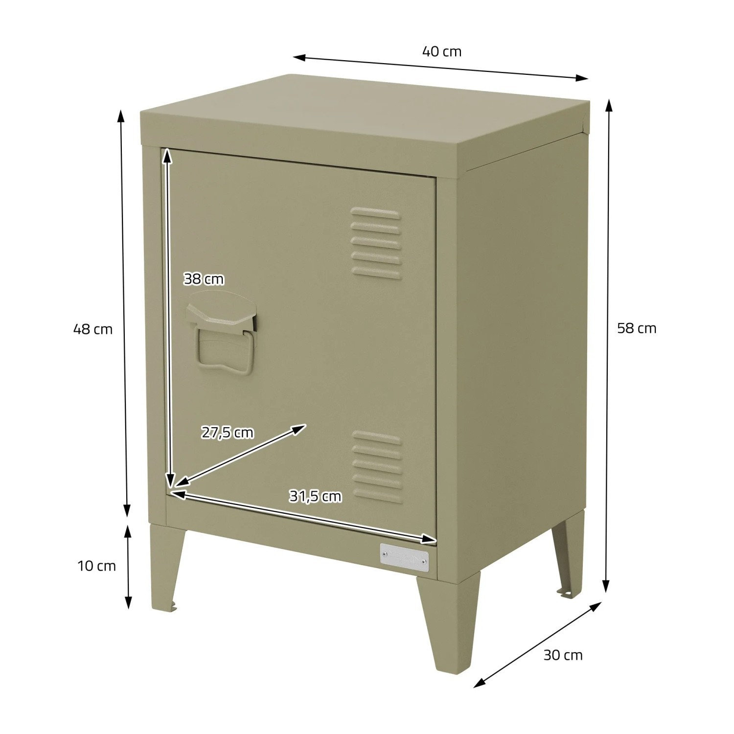 ML-Design Nachttisch in Olive, 40x30x58 cm, Stahl, Industriedesign mit Tür und Lüftungsschlitzen.