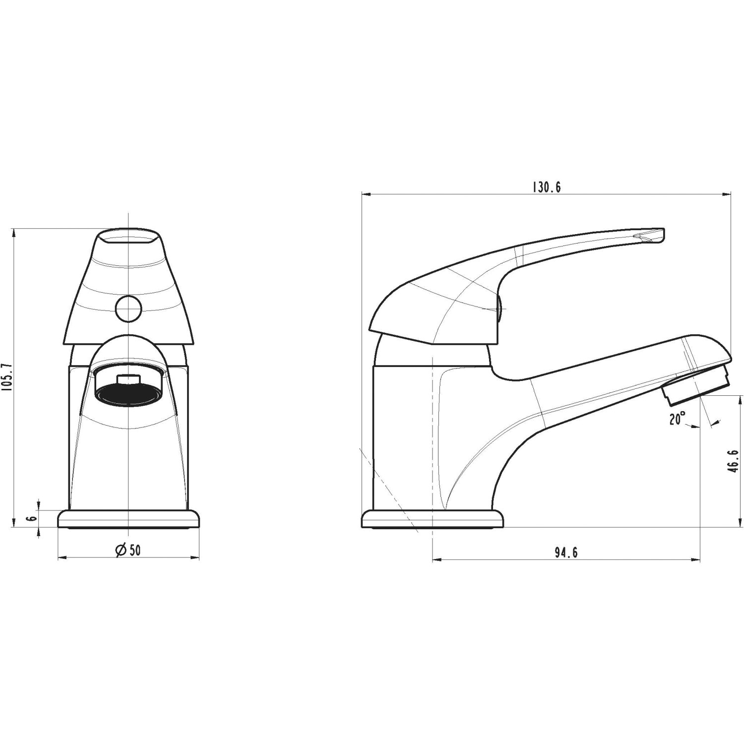 Skizze der Athos Plus Einhebelmischer-Waschbeckenarmatur in Chrom mit Maßangaben.
