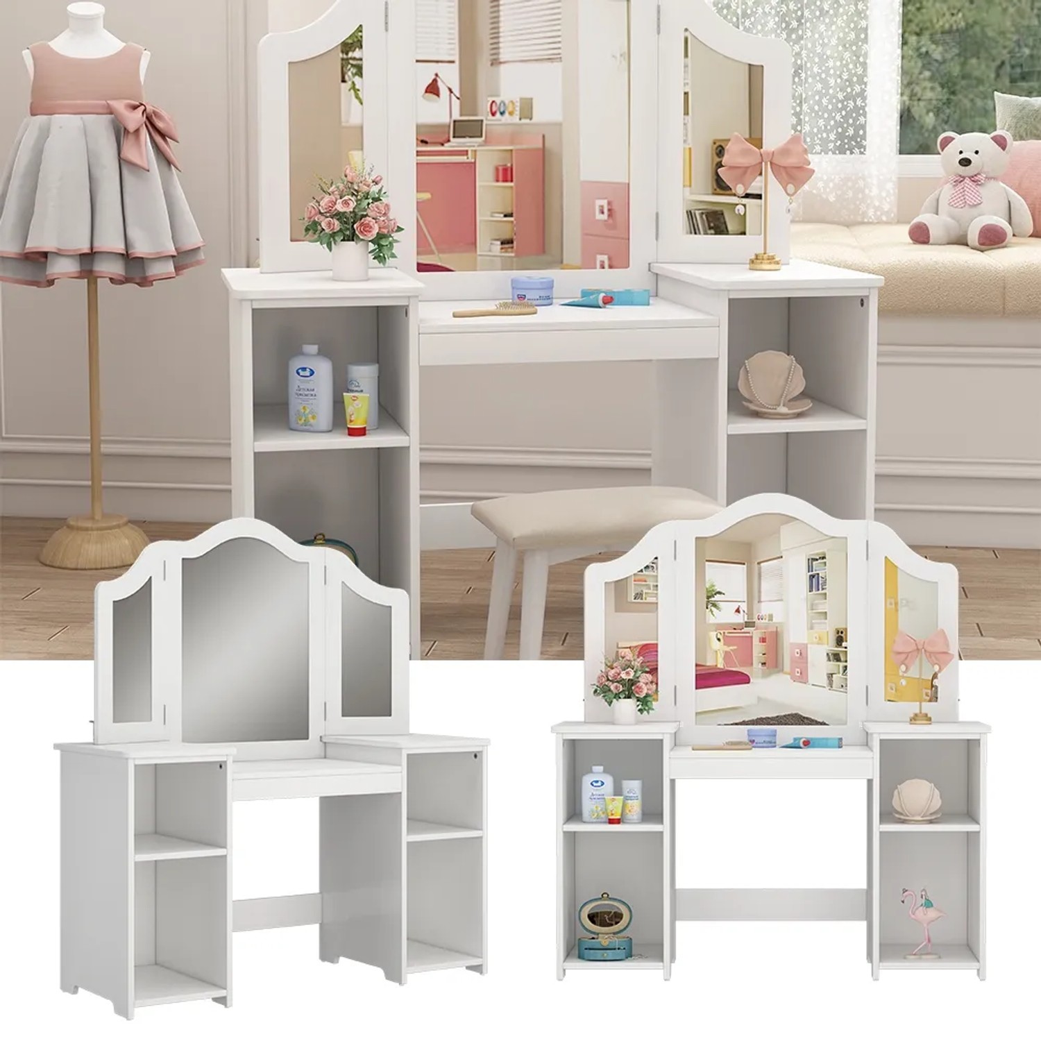 Weißer Vicco Schminktisch Estella für Kinder mit Spiegel und Ablagefächern.