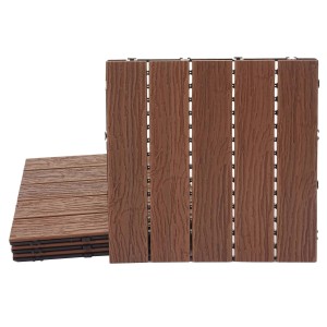 MCW WPC Bodenfliesen in Dunkelbraun mit 3D-Holzstruktur für Balkon und Terrasse.