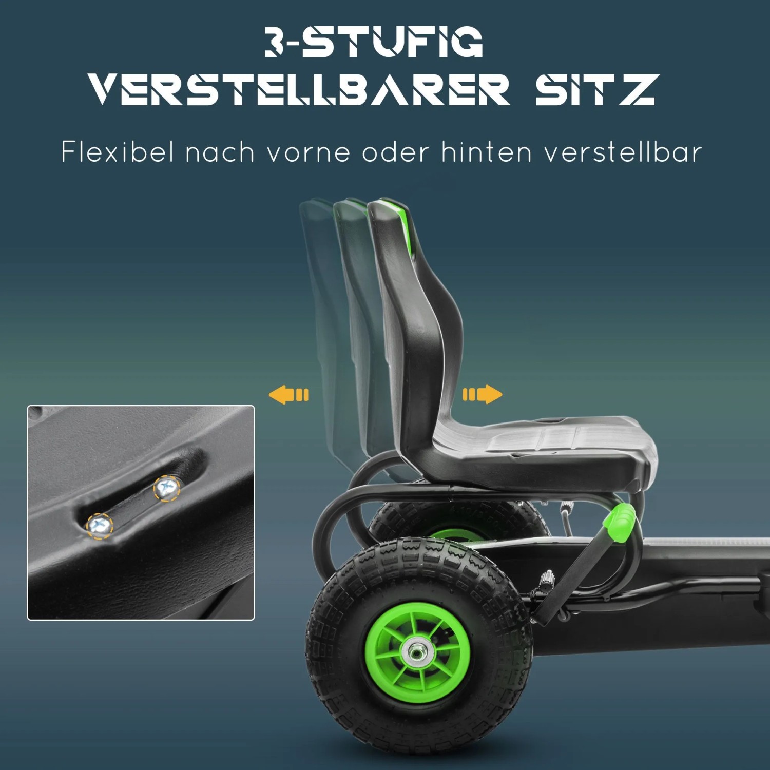 HOMCOM Gokart: Schwarzer, 3-fach verstellbarer Sitz mit grünen Felgen und robusten Gummireifen für Kinder.