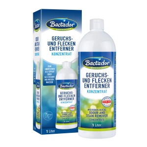 Bactador Geruchs- und Fleckenentferner Konzentrat, 1 Liter Flasche und Verpackung.