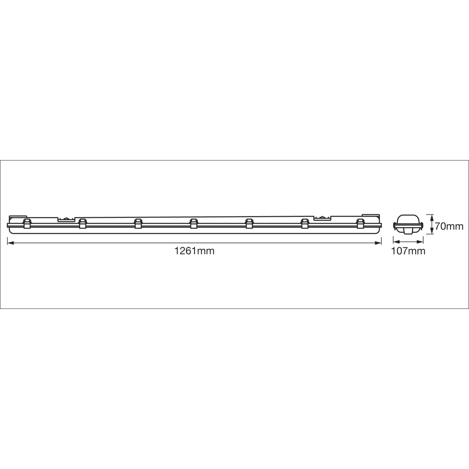 Technische Zeichnung Ledvance LED-Feuchtraumleuchte Submarine, Maße: 7,5x10,5x126,1cm, Kaltweiß