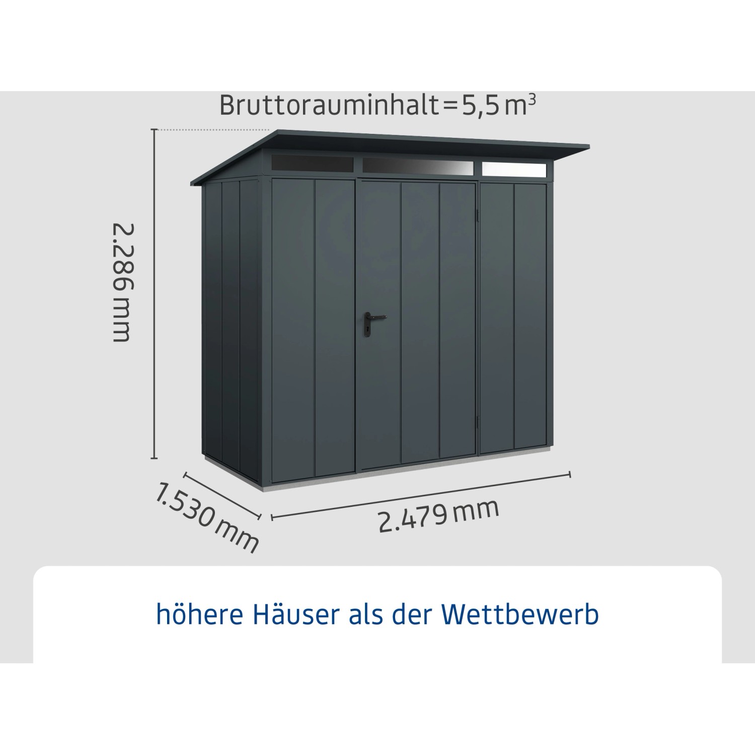 Ecostar Gerätehaus Elegant, Pultdach, anthrazitgrau, mit Maßangaben.