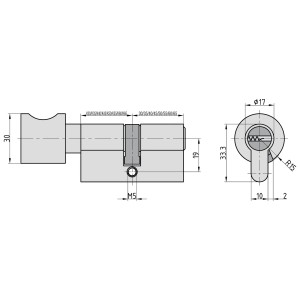 Technische Zeichnung: Basi Profil-Knaufzylinder, K45/50 mm, gleichschließend, mit Maßangaben.