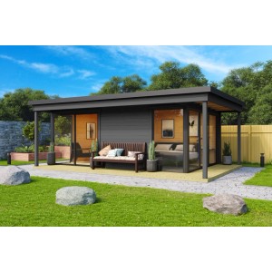 Carbongraues Lasita Gartenhaus Domeo 3 Loggia mit überdachter Terrasse und Schiebetüren.
