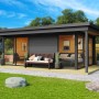 Carbongraues Lasita Gartenhaus Domeo 3 Loggia mit überdachter Terrasse und Schiebetüren.