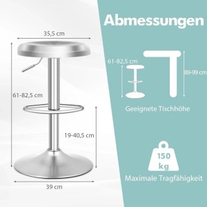 Silberner, höhenverstellbarer Barhocker aus Edelstahl mit Drehfunktion. Zeigt Maße und 150 kg Tragfähigkeit.