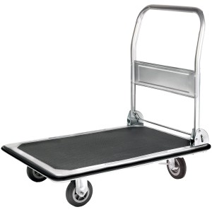 Plattformwagen mit Stahlblech, Gummiauflage und einklappbarem Schiebebügel, Tragkraft 250 kg.