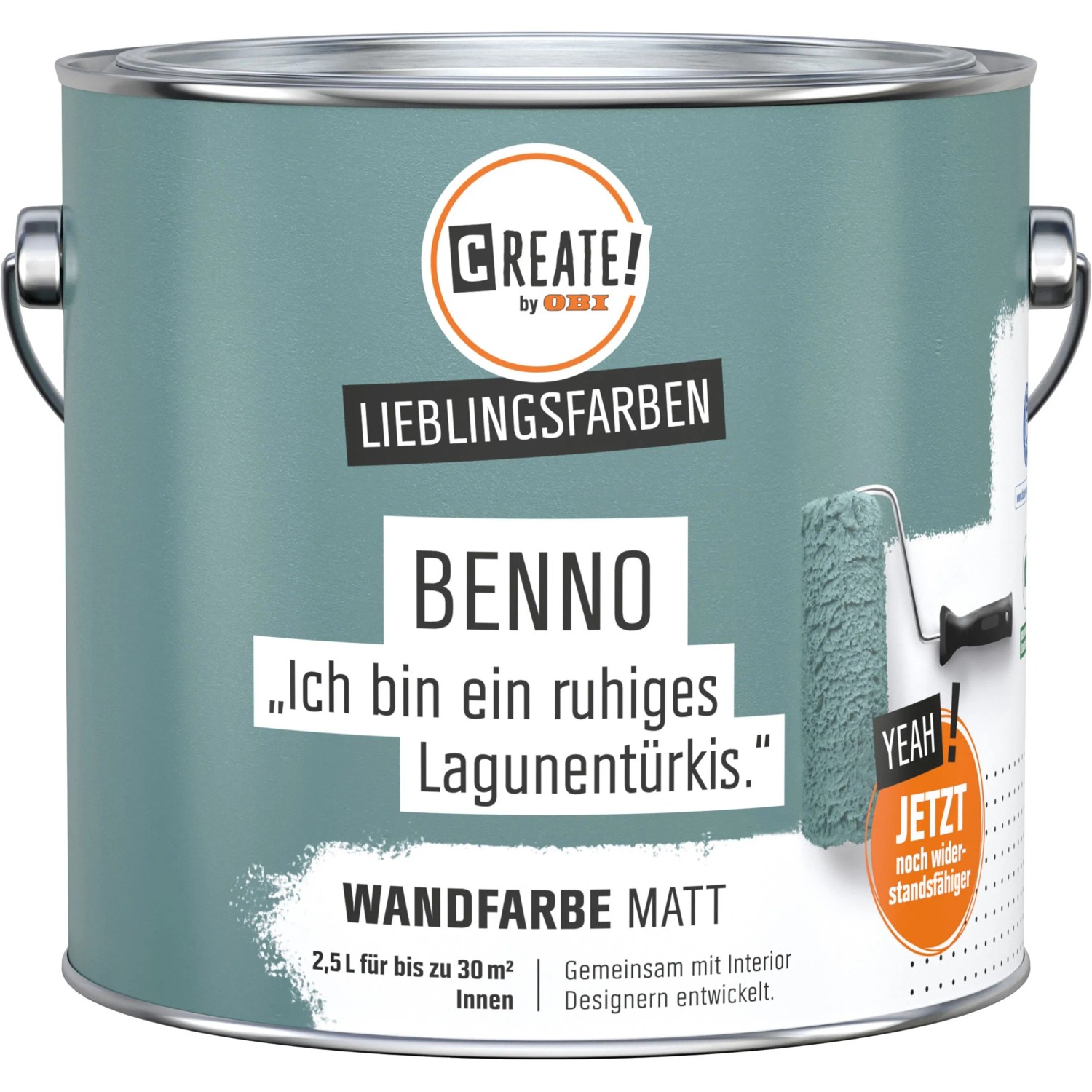 CREATE! by OBI Wandfarbe Lieblingsfarbe Benno Lagunentürkis, matte Innenfarbe im Farbeimer.