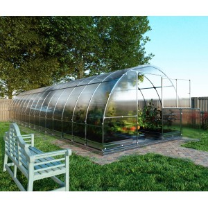 Großes Klasika Gewächshaus 30m² mit Polycarbonat-Abdeckung im Garten.