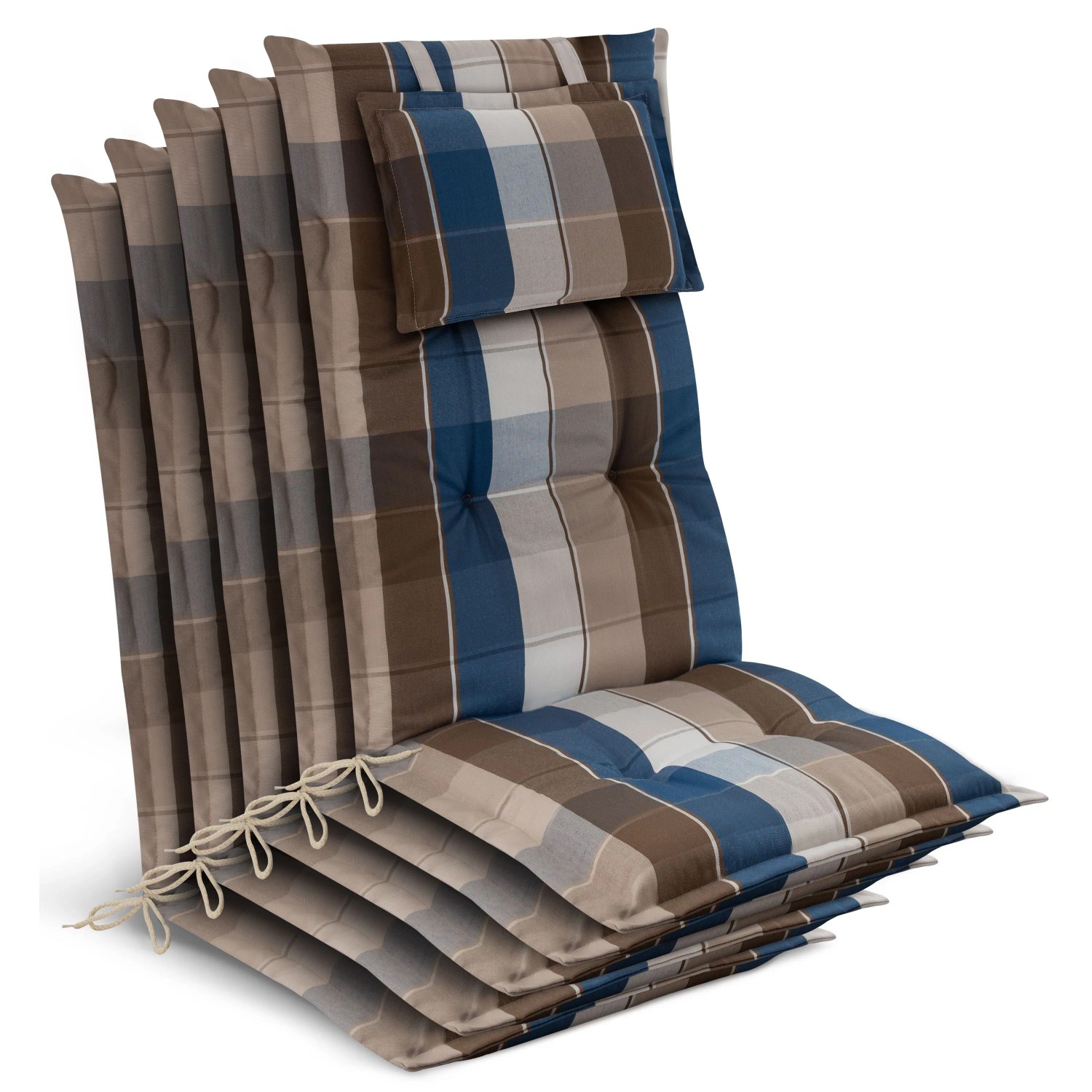 Beautissu 5x Gartenstuhlauflage Hochlehner 120x50x7cm Braun-Blau-Kariert