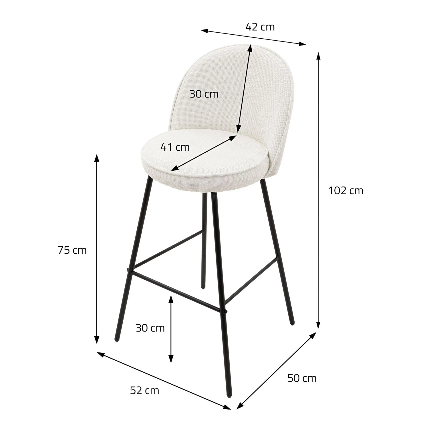 Moderner beiger Barhocker mit Stoffbezug, schwarzen Stahlbeinen und 75 cm Sitzhöhe. Detaillierte Maße sind abgebildet.
