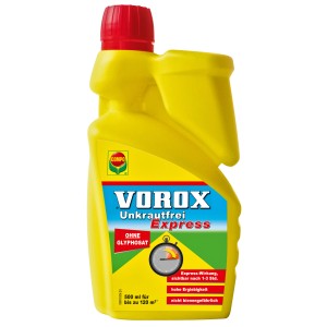 Gelbe Flasche Vorox Unkrautfrei Express 500ml für die Unkrautbekämpfung im Garten.