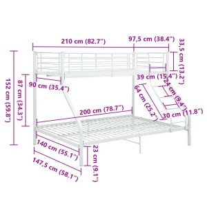 Weißes Metall Etagenbett 140x200/90x200 cm mit Leiter und Schutzgeländer.