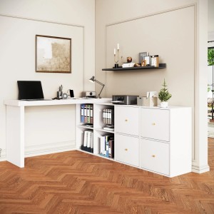 Weißer Merax Eckschreibtisch in L-Form mit 360° drehbarer MDF-Platte und integriertem Stauraum für Büro.