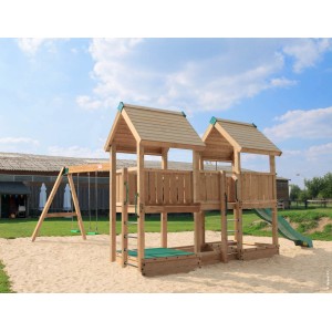 Hy-Land Spielgerät P4S mit Rutsche, Doppelschaukel aus Kiefernholz im Garten.