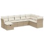 Beige 8-tlg. Garten-Sofagarnitur aus Poly Rattan mit cremeweißen Kissen.