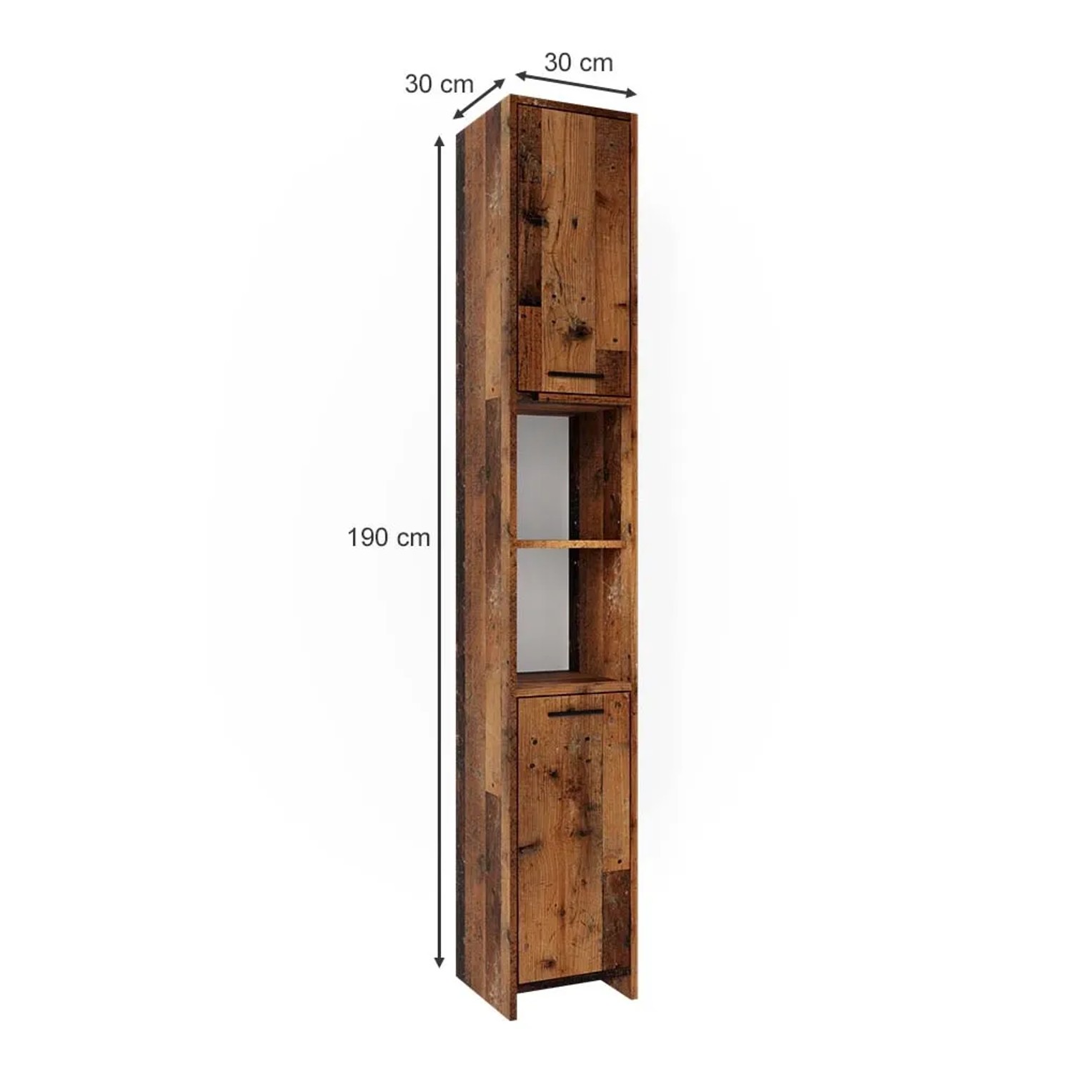 Vicco Badschrank Kiko in Eiche Rustikal, 30x190 cm, mit Fächern und Türen für Badartikel.