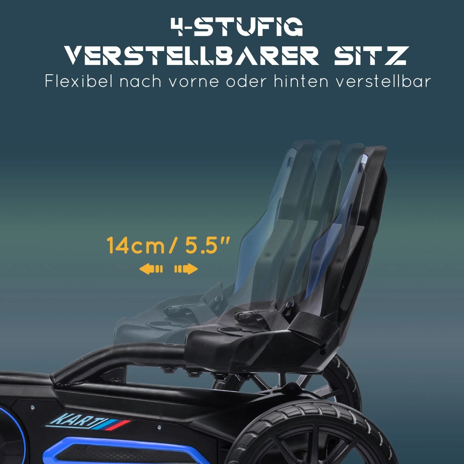 HOMCOM Go Kart Kinderfahrzeug: Schwarzer Sitz 4-fach um 14 cm verstellbar für optimale Fahrposition.