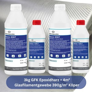 GFK Epoxidharz Set: 3kg Harz, Härter und 4m² Glasfasergewebe für Reparaturen und Modellbau.