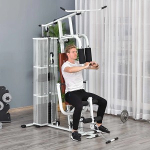 HOMCOM Kraftstation mit Latzug in Weiß: Mann beim Training an der Fitnessstation.