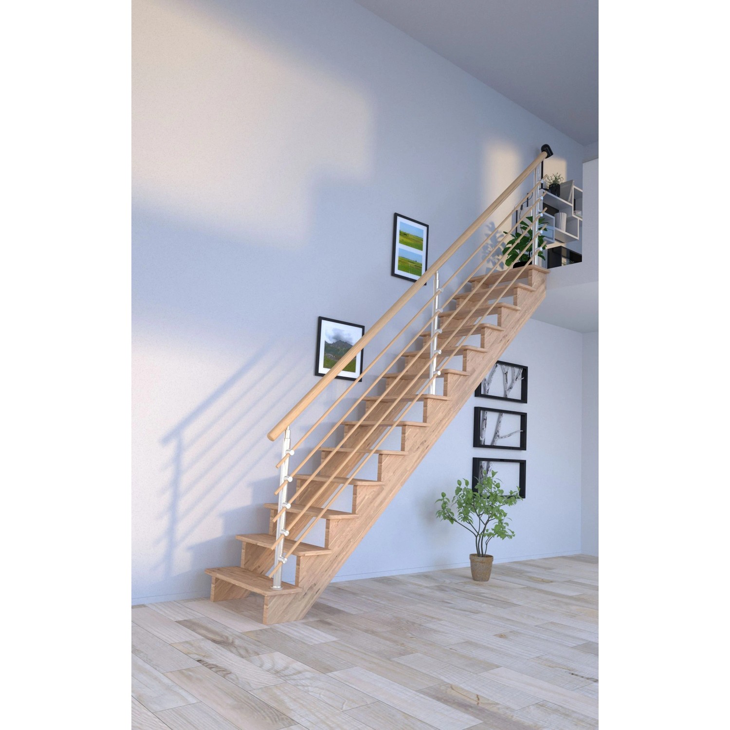 Helle, gerade Lindos Eiche Treppe (80 cm) mit Design-Holzgeländer für den Innenbereich.