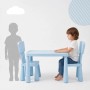 Blaue 3-teilige Relaxdays Kindersitzgruppe aus Polypropylen mit Tisch und 2 Stühlen. Kind sitzt am Tisch.