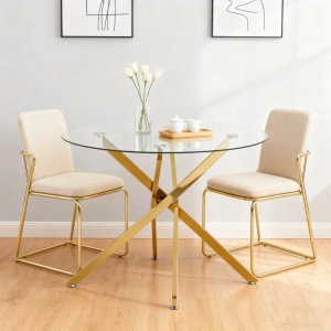 Runder Esstisch aus Glas mit goldenem Metall-Kreuzgestell im Wohnzimmer. Modern, elegant, 80x80x76cm.