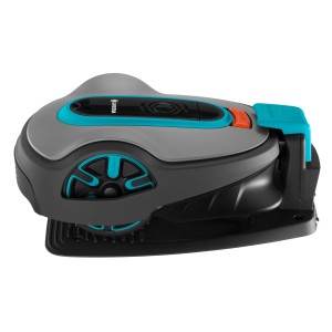 Gardena Sileno life 750 Mähroboter in Grau und Türkis, Seitenansicht.