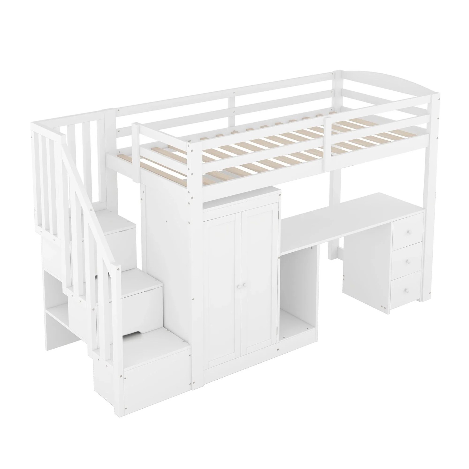okwish Hochbett 90x200cm mit Schreibtisch Kleiderschrank Weiß ohne Matratze