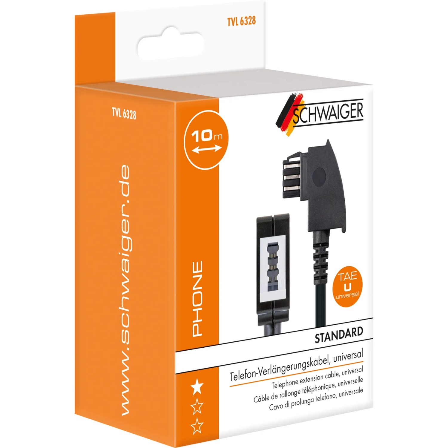 Schwaiger Telefon-Verlängerungskabel, 10m, für TAE-F/N Geräte. Universal Telefonzubehör.