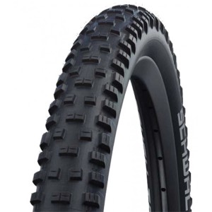Schwarzer Schwalbe Tough Tom Fahrradreifen mit aggressivem Profil und ausgeprägten Schulterstollen für Mountainbikes.
