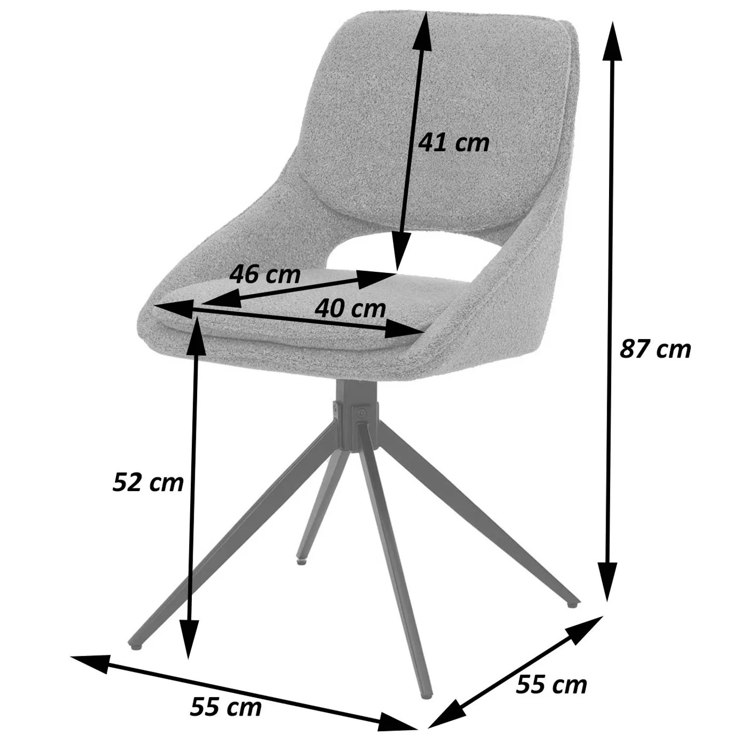 MCW Esszimmerstuhl N73, 6er-Set, brauner Bouclé-Stoff, drehbar, mit Maßangaben.