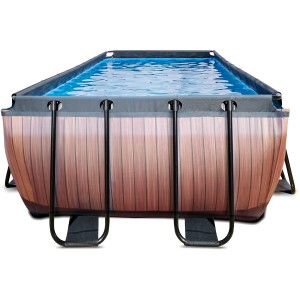 Rechteckiger EXIT Wood Pool in Braun, 540x250x122cm, mit Filterpumpe. Stahlrahmenpool mit Holzoptik.