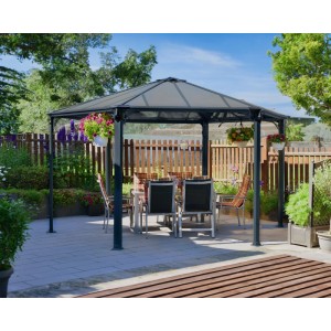 Canopia Gartenpavillon Monaco 3.9x4.5 in Anthrazit mit Tisch und Stühlen.