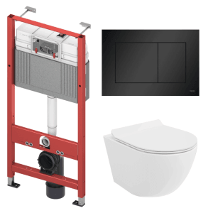 KOLMAN WC-Komplettset: rotes Vorwandelement, weißes Wand-WC, schwarze Betätigungsplatte. Ideal für moderne Toiletten.