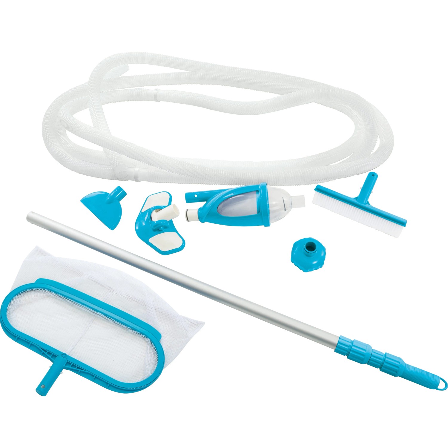 Intex Reinigungs-Set Deluxe für Pools: Kescher, Sauger, Bürste und Teleskopstange.